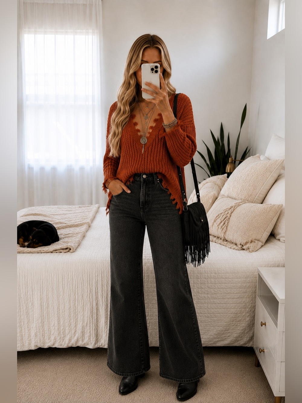 Textured V-Neck Sweater in Rust Orange